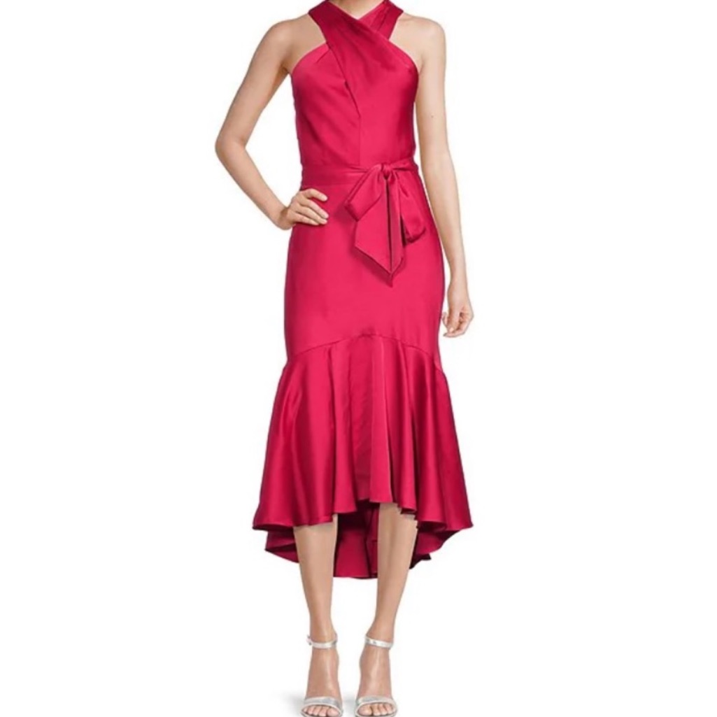 Taylor Satin Ruffle Crisscross Halter Neck Sleeveless Flounce High Low Dress